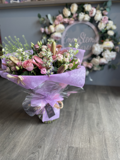 Pink Radiance - Lovely Flowers arranged and presented as an aqua packed bouquet. Finished with a beautiful gift wrap.