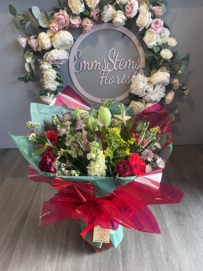 Emms Stems Choice Bouquet - Beautiful mix of lovely flowers chosen by Emms Stems and finished in a lovely luxury Gift Wrap.