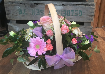 Basket Arrangement - Beautiful Flowers in Shades of Pink & Purple, arrangement in a Trug shaped Basket