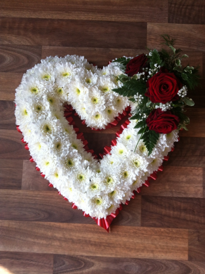 Open Heart - Lovely White Based Open Heart Tribute with Red Rose Spray of Flowers