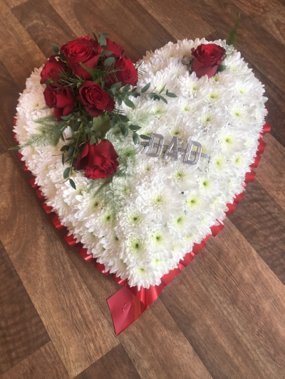 Based Heart - Based White Heart with Red Rose Spray. Finished with "DAD" Letters. Sizes start from 12", 15" & 18"