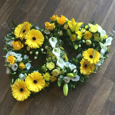 Double Heart - Textured Open Heart in Yellow and White Flowers. Can be made in your choice of Colours. Please call the shop to place your order if you require different colours.