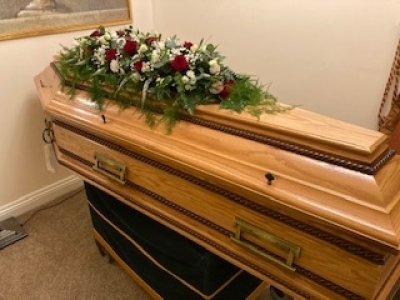 Narrow Coffin Spray - Narrow bespoke Coffin Spray - 4ft long arranged with beautiful Red and White Roses along with other seasonal flowers and finished with soft subtle foliage cascading down the side of the Coffin