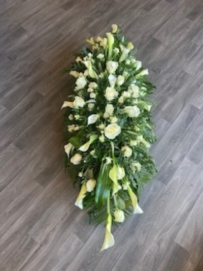 White Coffin Spray - Coffin Spray, Including Arum Lilies, Roses, Veronica and lovely foliage. 3ft standard, 4ft medium, 5ft large