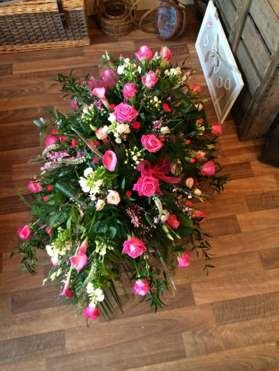 Pink & White Coffin Spray - Beautifully arranged with a selction of Pink and White Flowers including Roses, Veronica,Calla Lilies and lots of lovely Foliage. Sizes Start from  3ft, 4ft & 5ft.