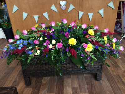 Multi Colour Coffin Spray - Seasonal Coffin Spray in a lovely mix of bright Colours. Sizes start from 3ft, 4ft & 5ft