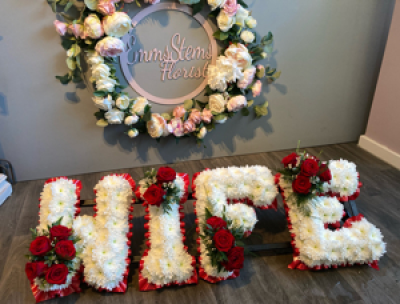 WIFE - WIFE Letters - Red Ribbon edge and Red Flower sprays