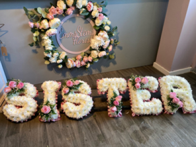SISTER - SISTER- Pink Ribbon edge with Pink flower sprays