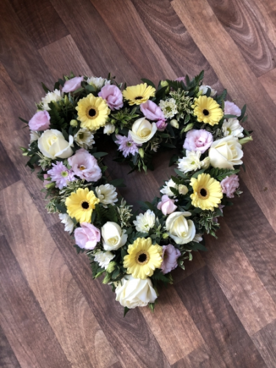 Pastel Open Heart - Wreath- In Pastel Colours including Gerberas, Roses, Carnations and other filler flowers