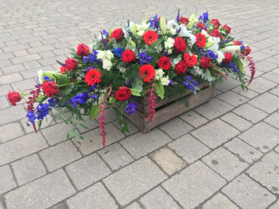 Red, White and Blue Coffin Spray - Full length Coffin Spray in Red, White and Blue Flowers