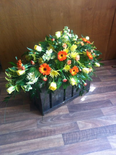 Autumn Double Ended Spray - Double Ended Spray in Reds, Orange, Greens and Yellow coloured Flowers with a selection of lush Foliage
