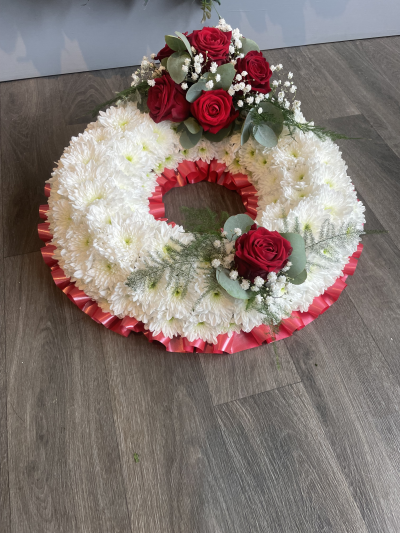 Massed Wreath with Red - White Massed Wreath with Red ribbon and Red flower Spray