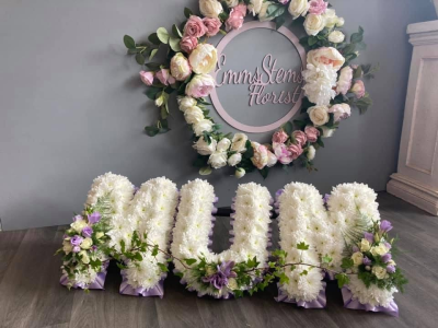 MUM - MUM Letters based in White with a lilac ribbon and flower sprays