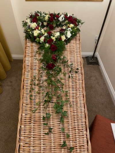 Open trailing Casket Heart - Open Heart including Red & White Roses with trailing foliage for a Casket