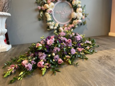 Lilac, Mauve, Purple  & White Casket Spray - Beautiful Casket double ended spray in Mauve, Purple, Lilac and White. Including Memory Lane Roses.
Standard- 3ft
Medium- 4ft
Large- 5ft