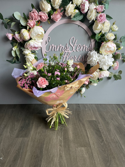 Morning Glory - Hand Tied Bouquet in soft pink & white flowers. Wrapped in paper.