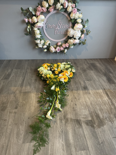 Trailing Love Heart - Stunning Trailing Bespoke Open Heart for Coffin. In yellow & white flowers