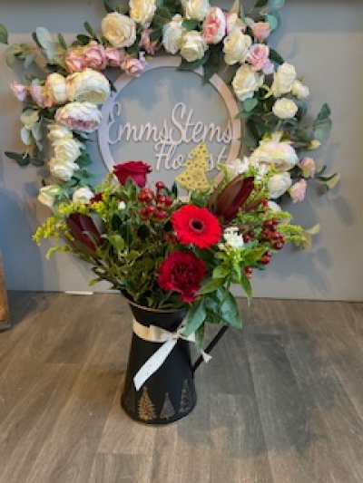 Christmas Jug - Beautiful seasonal Flowers arranged in a lovely Zinc Christmas themed Jug.